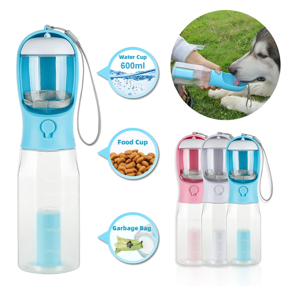 Portable Dog Water Bottle Food Feeder Drinker Poop Dispenser 3 in 1 Leak-Proof Multifunctional Dog Water Bottle